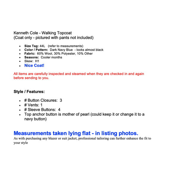 Kenneth Cole Mens 44L Dark Navy Blue Walking Topcoat Overcoat - Picture 2 of 15